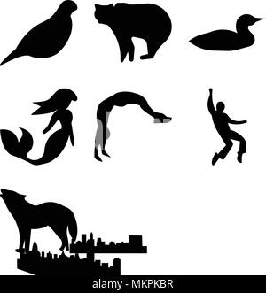 Set Of 9 simple editable icons such as howling wolf, elvis, backflip, mermaid, loon, bear, quail, cleveland sky, pittsburgh can be used for mobile, we Stock Vector