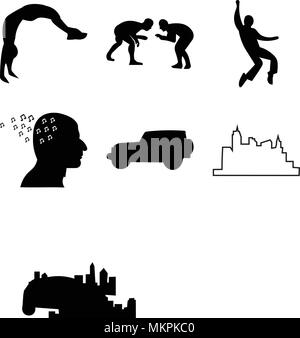 Set Of 9 simple editable icons such as indianapolis sky, las vegas strip, jeep wrangler, music notes in side head, elvis, cleveland wrestling, charlot Stock Vector