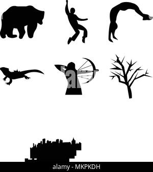 Set Of 9 simple editable icons such as mesquite tree, compound bow, jeep wrangler, bearded dragon, charlotte sky, backflip, elvis, bear, cleveland can Stock Vector