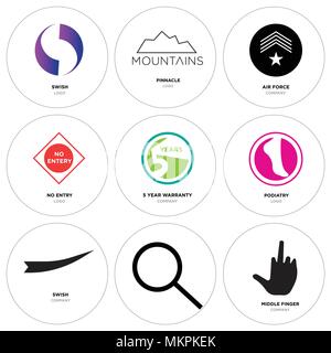 Set Of 9 simple editable icons such as middle finger, Search, Black swish, podiatry, 5 year warranty, no entry, air force, pinnacle, Gradient Purple c Stock Vector