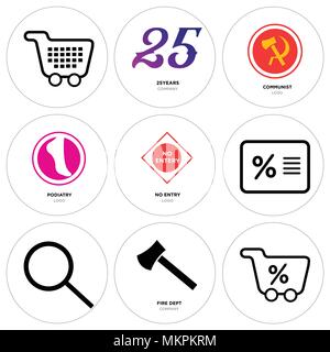 Set Of 9 simple editable icons such as Shopping percent, fire dept, Search, Percent, no entry, podiatry, communist, 25years, Shopping, can be used for Stock Vector