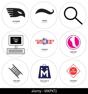 Set Of 9 simple editable icons such as no entry, shop cart m, fire dept, podiatry, Airforce, On, Search, Black swish, air force, can be used for mobil Stock Vector