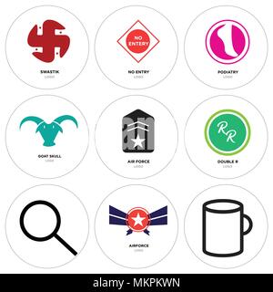 Set Of 9 simple editable icons such as Cup, Airforce, Search, double r, air force, goat skull, podiatry, no entry, swastik, can be used for mobile, we Stock Vector