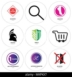 Set Of 9 simple editable icons such as no entry, SE negative, one year warranty, Shopping, sheild, spartan, podiatry, Search, can be used for mobile,  Stock Vector