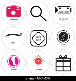 Set Of 9 simple editable icons such as Gift, present, no entry, podiatry, anarchy, Sale discount, Black swish, camera png, Search, camera, can be used Stock Vector
