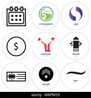 Set Of 9 simple editable icons such as Black swish, air force, Gift, fire dept, rising stars, USD, dollar, Gradient Purple 5 year warranty, Calendar,  Stock Vector
