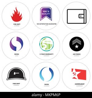 Set Of 9 simple editable icons such as communist, swish, fire dept, air force, 5 year warranty, Gradient Purple Wallet, 100 satisfaction guarantee, ca Stock Vector