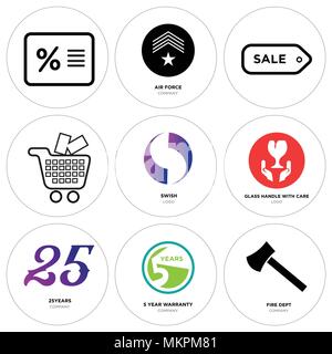 Set Of 9 simple editable icons such as fire dept, 5 year warranty, 25years, glass handle with care, Gradient Purple swish, Shopping, Sale, price tag,  Stock Vector