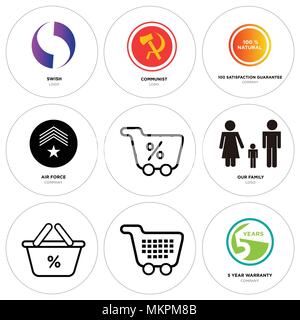 Set Of 9 simple editable icons such as 5 year warranty, Shopping, Discount Percent, our family, Shopping percent, air force, 100 satisfaction guarante Stock Vector