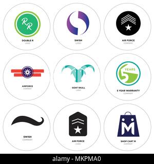 Set Of 9 simple editable icons such as shop cart m, air force, Black swish, 5 year warranty, goat skull, Airforce, Gradient Purple double r, can be us Stock Vector