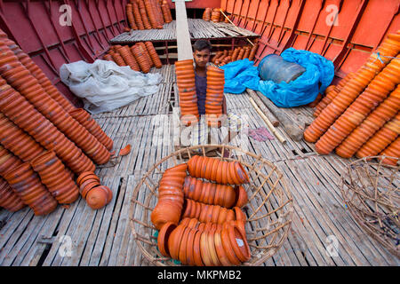 Pottery load unload on transporting boat at Burigonga River near Sadarghat, Dhaka, Bangladesh. Stock Photo