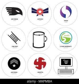 Set Of 9 simple editable icons such as On, swastik, air force, 5 year warranty, Cup, fire dept, Gradient Purple swish, Airforce, can be used for mobil Stock Vector
