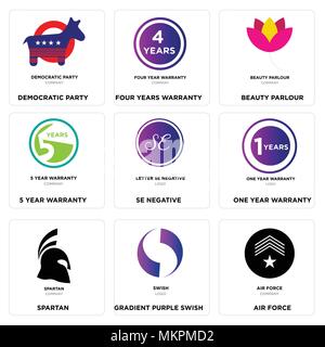 Set Of 9 simple editable icons such as air force, Gradient Purple swish, spartan, one year warranty, SE negative, 5 beauty parlour, four years democra Stock Vector