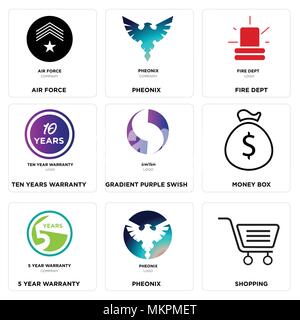 Set Of 9 simple editable icons such as Shopping, Pheonix, 5 year warranty, Money box, Gradient Purple swish, ten years fire dept, air force, can be us Stock Vector