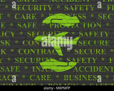 Insurance concept: Painted green Airplane And Palm icon on Black Brick wall background with  Tag Cloud Stock Photo