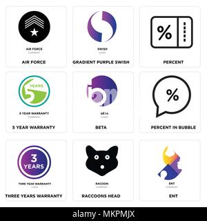 Set Of 9 simple editable icons such as ent, Raccoons head, three years warranty, Percent in bubble, beta, 5 year Percent, Gradient Purple swish, air f Stock Vector