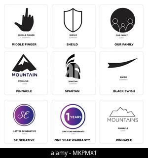 Set Of 9 simple editable icons such as pinnacle, one year warranty, SE negative, Black swish, spartan, our family, sheild, middle finger, can be used  Stock Vector