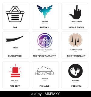 Set Of 9 simple editable icons such as podiatry, pinnacle, fire dept, hair transplant, ten years warranty, Black swish, middle finger, Pheonix, Bag, c Stock Vector