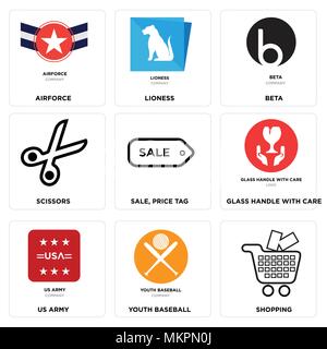 Set Of 9 simple editable icons such as Shopping, youth baseball, us army, glass handle with care, Sale, price tag, Scissors, beta, lioness, Airforce,  Stock Vector