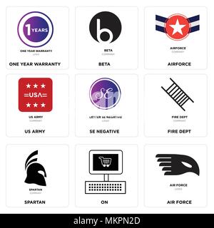 Set Of 9 simple editable icons such as air force, On, spartan, fire dept, SE negative, us army, Airforce, beta, one year warranty, can be used for mob Stock Vector