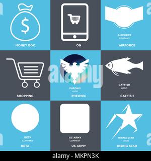 Set Of 9 simple editable icons such as rising star, us army, beta, catfish, Pheonix, Shopping, Airforce, On, Money box, can be used for mobile, web Stock Vector