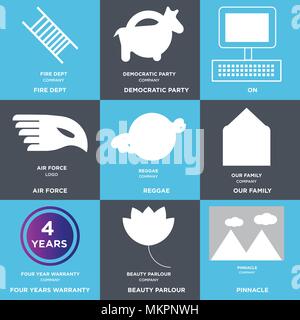 Set Of 9 simple editable icons such as pinnacle, beauty parlour, four years warranty, our family, reggae, air force, On, democratic party, fire dept,  Stock Vector