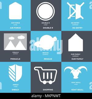 Set Of 9 simple editable icons such as goat skull, Shopping, sheild, our family, reggae, pinnacle, no entry, double r, air force, can be used for mobi Stock Vector