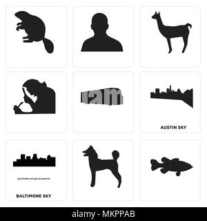 Set Of 9 simple editable icons such as baltimore sky, austin, can be used for mobile, web Stock Vector