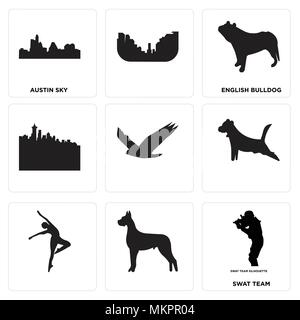Set Of 9 simple editable icons such as swat team, english bulldog, austin sky, can be used for mobile, web Stock Vector