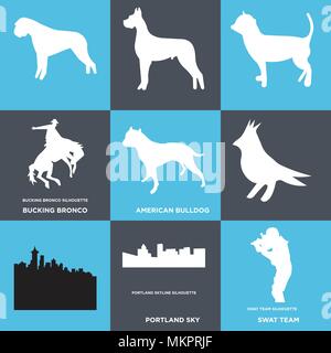 Set Of 9 simple editable icons such as swat team, portland sky, american bulldog, bucking bronco, , can be used for mobile, web Stock Vector