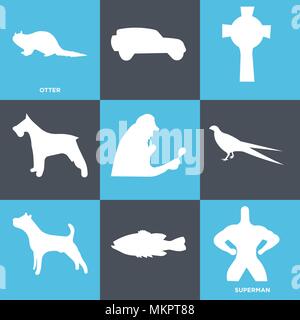 Set Of 9 simple editable icons such as superman, otter, can be used for mobile, web Stock Vector