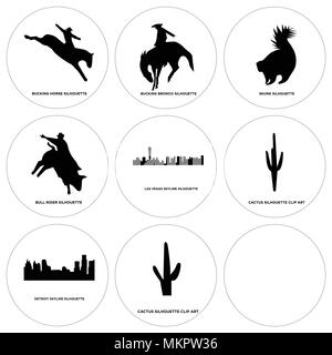 Set Of 9 simple editable icons such as cactus, detroit sky, las vegas bull rider, skunk, bucking bronco, horse, car, can be used for mobile, web Stock Vector