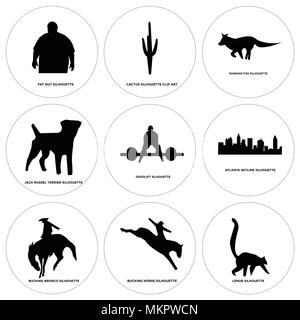 Set Of 9 simple editable icons such as lemur, bucking horse, bronco, atlanta sky, deadlift, jack russell terrier, running fox, cactus, fat guy, can be Stock Vector