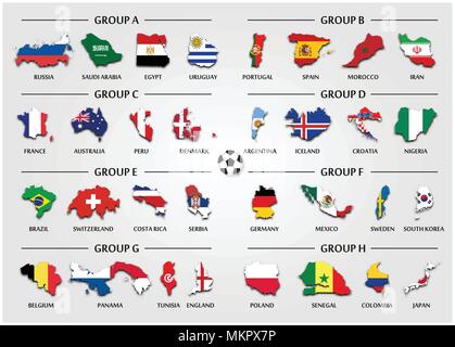 Football or Soccer cup team group set . Country map with national flag . Vector for international world championship tournament 2018 . Stock Vector
