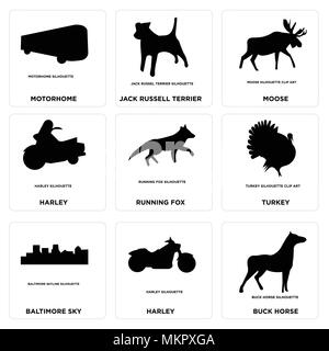 Set Of 9 simple editable icons such as buck horse, harley, baltimore sky, turkey, running fox, moose, jack russell terrier, motorhome, can be used for Stock Vector
