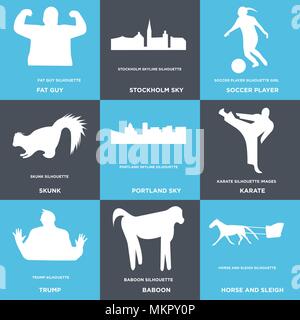 Set Of 9 simple editable icons such as horse and sleigh, baboon, trump, karate, portland sky, skunk, soccer player, stockholm fat guy, can be used for Stock Vector