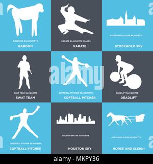 Set Of 9 simple editable icons such as horse and sleigh, houston sky, softball pitcher, deadlift, swat team, stockholm karate, baboon, can be used for Stock Vector