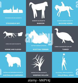 Set Of 9 simple editable icons such as volleyball spike, weeping willow, australian shepherd, turkey, scottish terrier, horse and sleigh, bucking hors Stock Vector