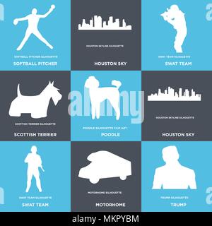 Set Of 9 simple editable icons such as trump, motorhome, swat team, houston sky, poodle, scottish terrier, softball pitcher, can be used for mobile, w Stock Vector