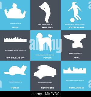 Set Of 9 simple editable icons such as portland sky, motorhome, ferret, anvil, poodle, new orleans soccer player, swat team, trump, can be used for mo Stock Vector