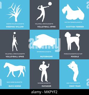Set Of 9 simple editable icons such as swat team, matador, buck horse, poodle, motorhome, volleyball spike, scottish terrier, weeping willow, can be u Stock Vector