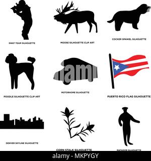 Set Of 9 simple editable icons such as matador, corn stalk, denver sky, puerto rico flag, motorhome, poodle, cocker spaniel, moose, swat team, can be  Stock Vector