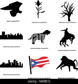 Set Of 9 simple editable icons such as baboon, puerto rico flag, denver sky, bucking bronco, cocker spaniel, weeping willow, corn stalk, anvil, can be Stock Vector