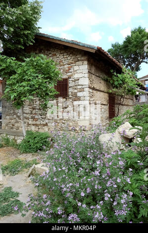 Nessebar, Bulgaria - June 12, 2011: Church of the Holy Savior and lilac flowers in the old town of Nessebar, Black Sea coast of Bulgaria. Stock Photo