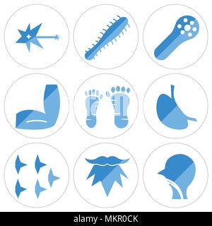 Set Of 9 simple editable icons such as Human Trachea, Men Beard, Platelets, Stomach with Liquids, Foot, Elbow, Muscle Fiber, Three Bacteria, Neuron, c Stock Vector