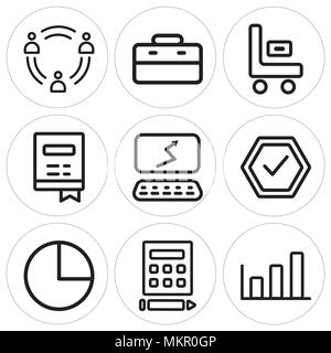 Set Of 9 simple editable icons such as Bar graph, Calculator, Pie chart, Checked, Laptop, Notebook, Shipping, Suitcase, Teamwork, can be used for mobi Stock Vector