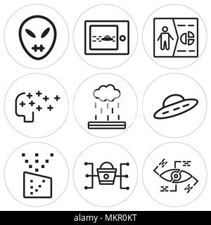 Set Of 9 simple editable icons such as Eye, Marketing, Encryption, Ufo, Explosion, Artificial intelligence, Healing, Movie, Alien, can be used for mob Stock Vector