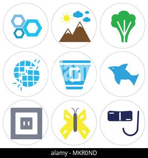 Set Of 9 simple editable icons such as Diving Glasses, Big Butterfly, Socket, Dolphin Jumping, Papelera, Broken Earth, Tree, Mountaint Landscape, Hone Stock Vector