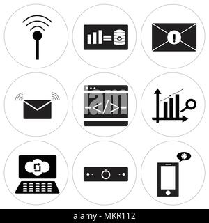 Set Of 9 simple editable icons such as Setting on phone, Power off, Cloude, Search analytic, Programming code, Mail, Analytic, Wi-Fi, can be used for  Stock Vector