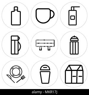 Set Of 9 simple editable icons such as Milk, Trash, Dish, Table, Thermo, Liquid soap, Coffee, Wine bottle, can be used for mobile, web Stock Vector